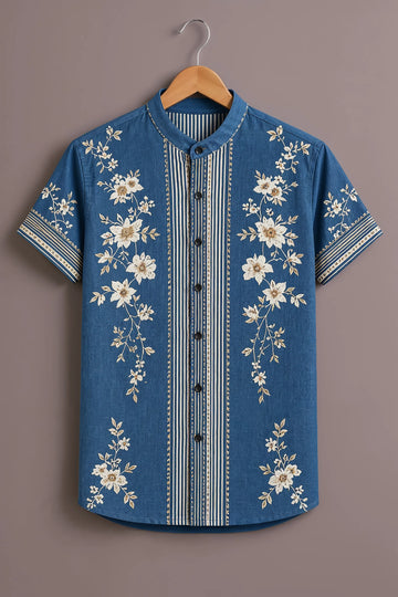 Men's Blue Floral Stripe Shirt
